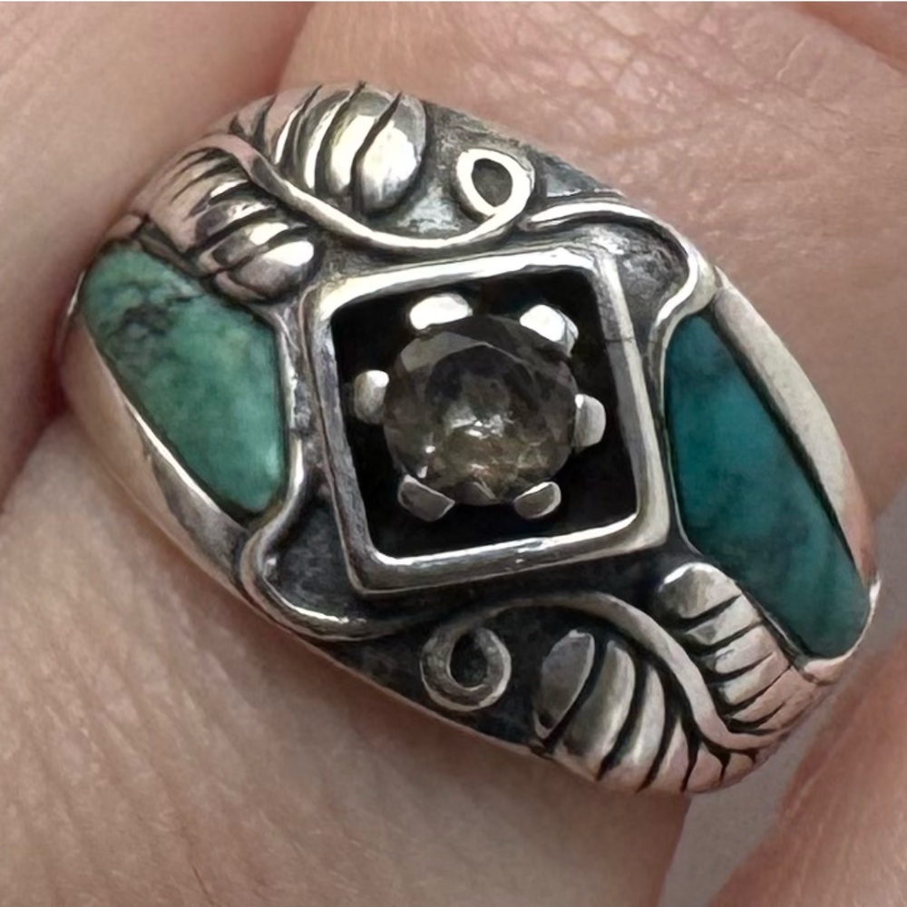 Vintage Carolyn Pollack Sterling Silver Turquoise & White Topaz Ring Size 8